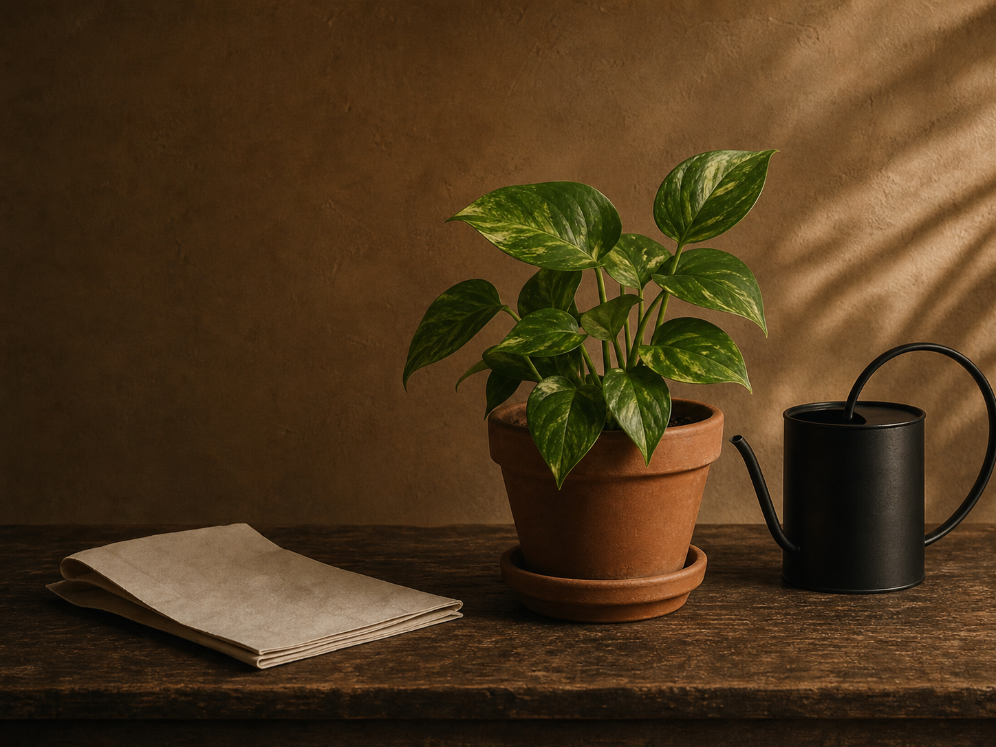 Pothos in a terracotta pot beside a watering can and blank garden notes