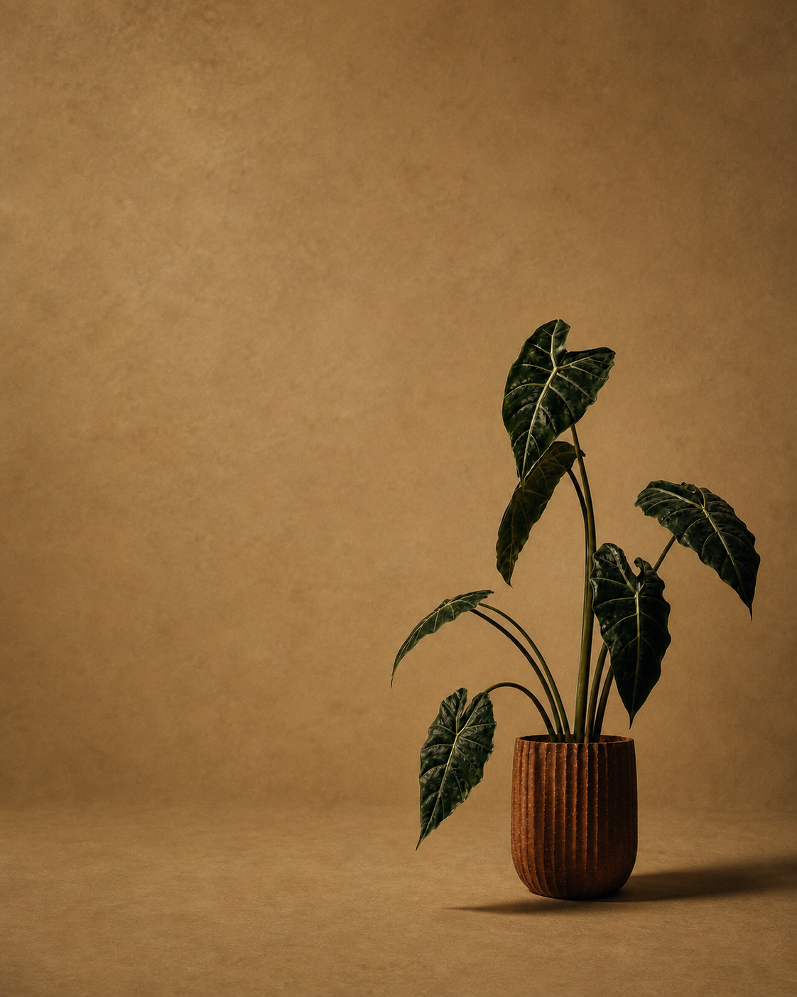 Dark-leaved alocasia in a terracotta pot against an ochre studio wall